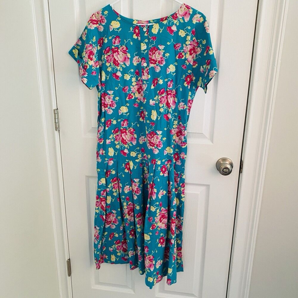 Vintage 80s Laura Ashley Dress Size Small Aqua Pastel Floral Cottagecore Cotton